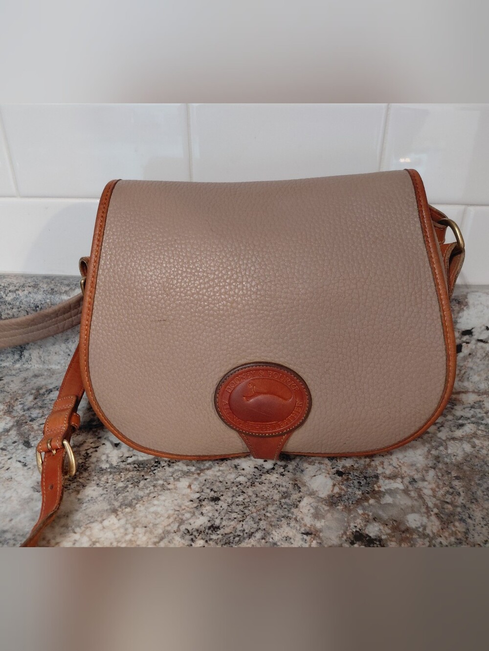Dooney & Bourke Taupe Pebbled Leather Equestrian Crossbody Bag Purse
